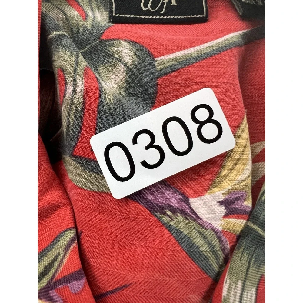 WF 100%‎ Silk Hawaiian Camp Shirt Mens L Red Tropical Leaf Print Short Sleeve